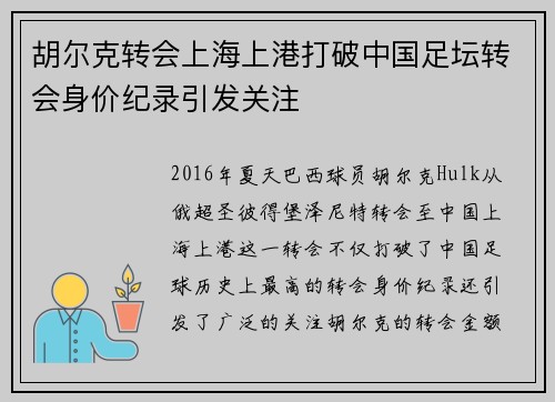 胡尔克转会上海上港打破中国足坛转会身价纪录引发关注