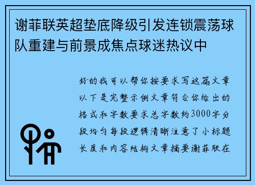 谢菲联英超垫底降级引发连锁震荡球队重建与前景成焦点球迷热议中